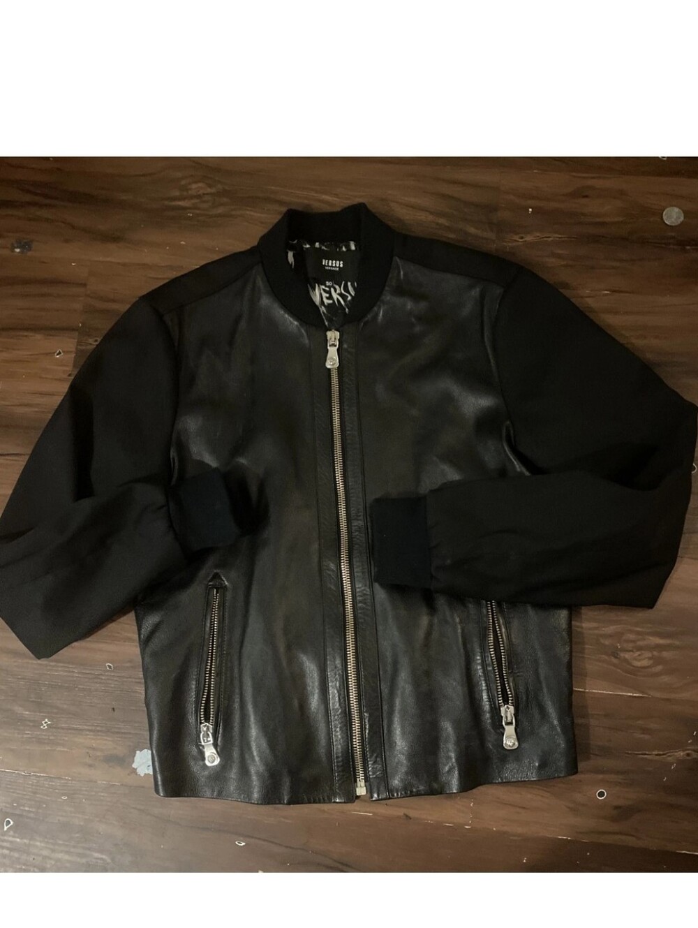 Versus Versace Leather Panel Bomber Jacket, Black, Size 50, US Size 40, Medium